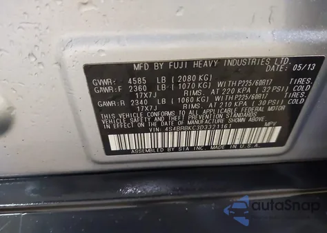 2013 Subaru Outback 2.5I Limited z USA, uszkodzony, nr VIN 4S4BRBKC3D3321161